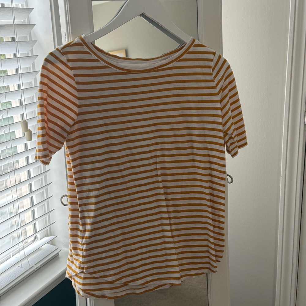 LOFT Striped Yellow and White Elbow Sleeve Top